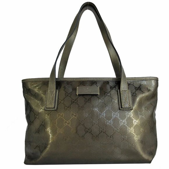 Auth GUCCI GG ImprimeShoulder Bag Tote Bag Metallic khaki PVC/leather s0005m